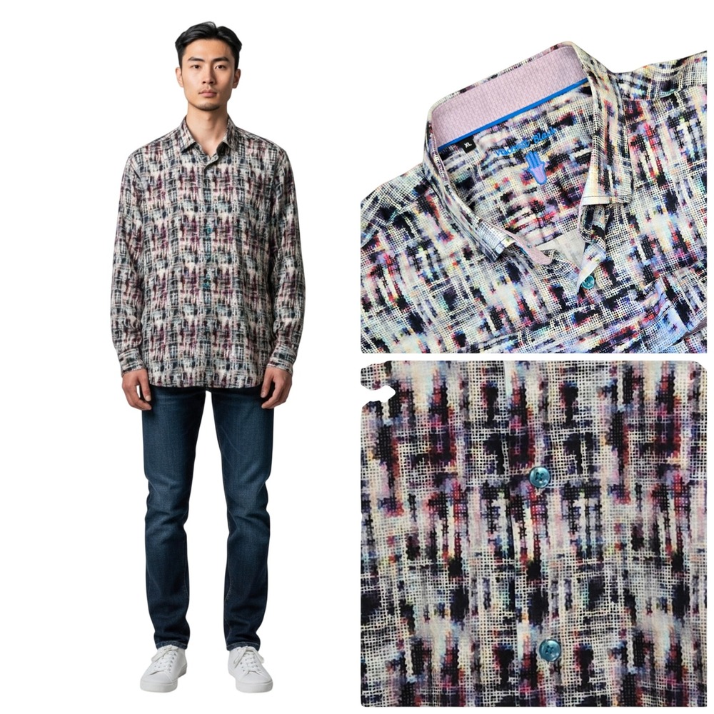 Luchiano‎ Visconti Black Abstract Print Contrast Trim Button Up Shirt Mens XL